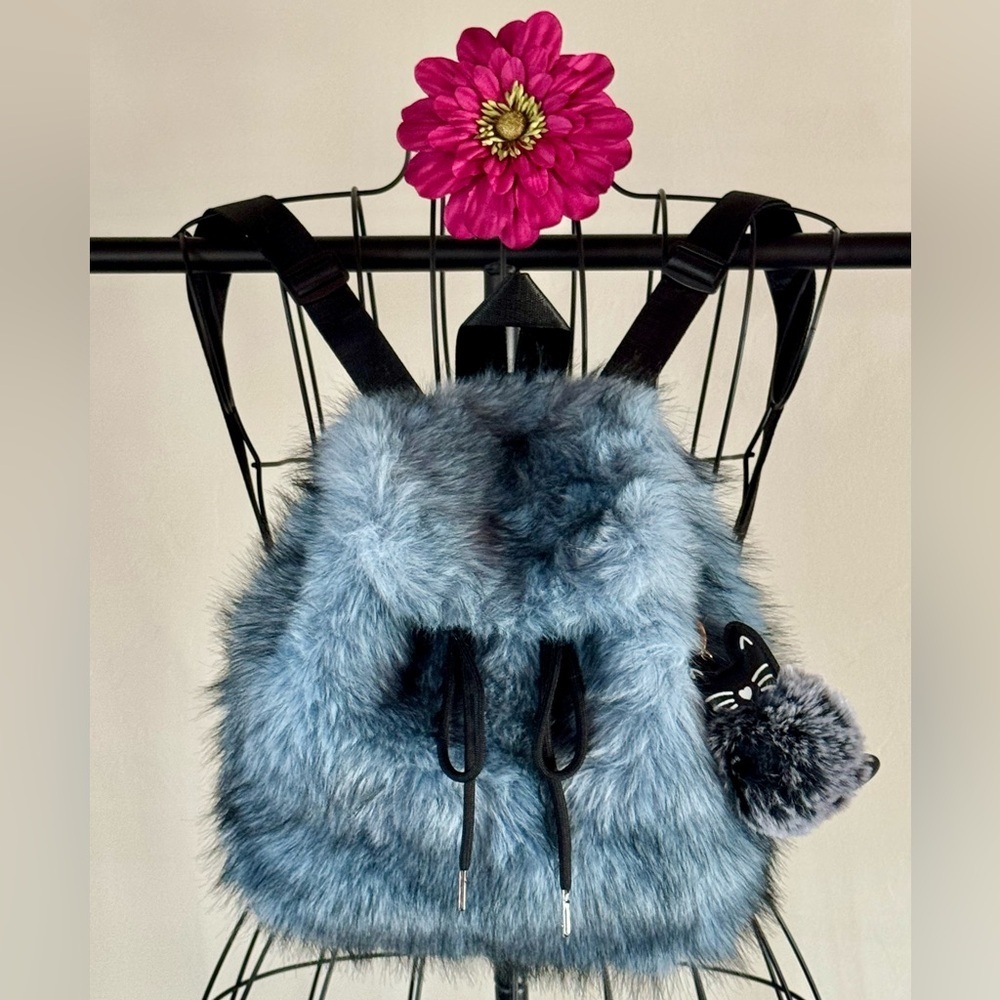 New Blue-Black Fuzzy Faux Fur Mini Backpack Bag Purse w/ Cute Cat Charm